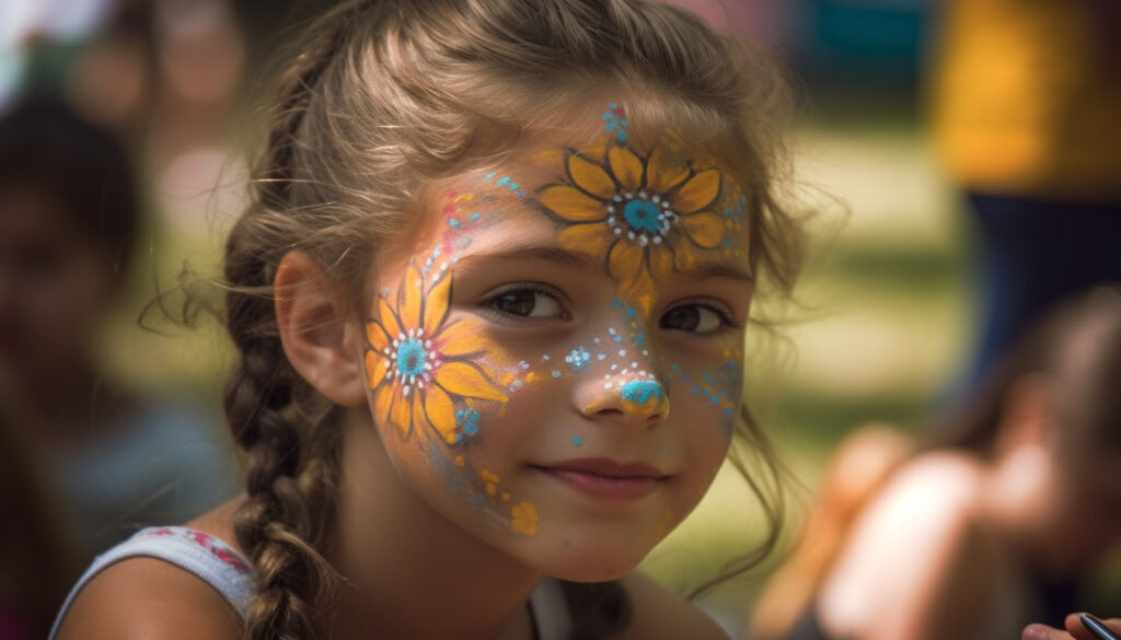 Cute caucasian girls smiling, enjoying summer party with face paint generated by AI